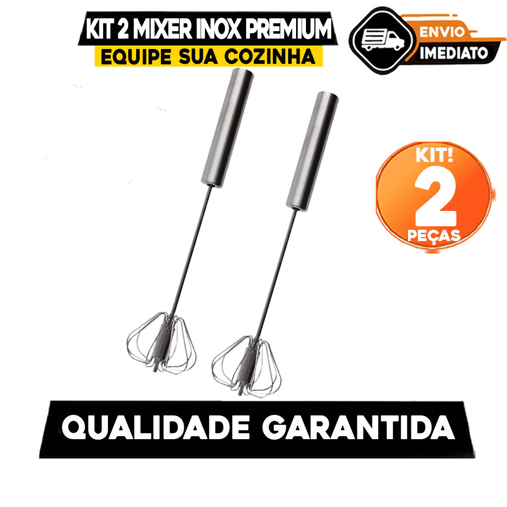 Kit 2 Mixers Semi Automáticos Inox Premium 19cm – Batedor Manual Giratório Não Usa Pilha Ideal para Ovos, Massas e Café