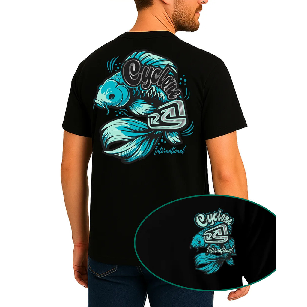 2026 Camiseta Preta, Design com Flores e Folhagens Estilizadas, Textos Cyclone Estilo Artístico e Vibrante em Oferta na Shopee