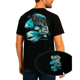 2026 Camiseta Preta, Design com Flores e Folhagens Estilizadas, Textos Cyclone Estilo Artístico e Vibrante em Oferta na Shopee