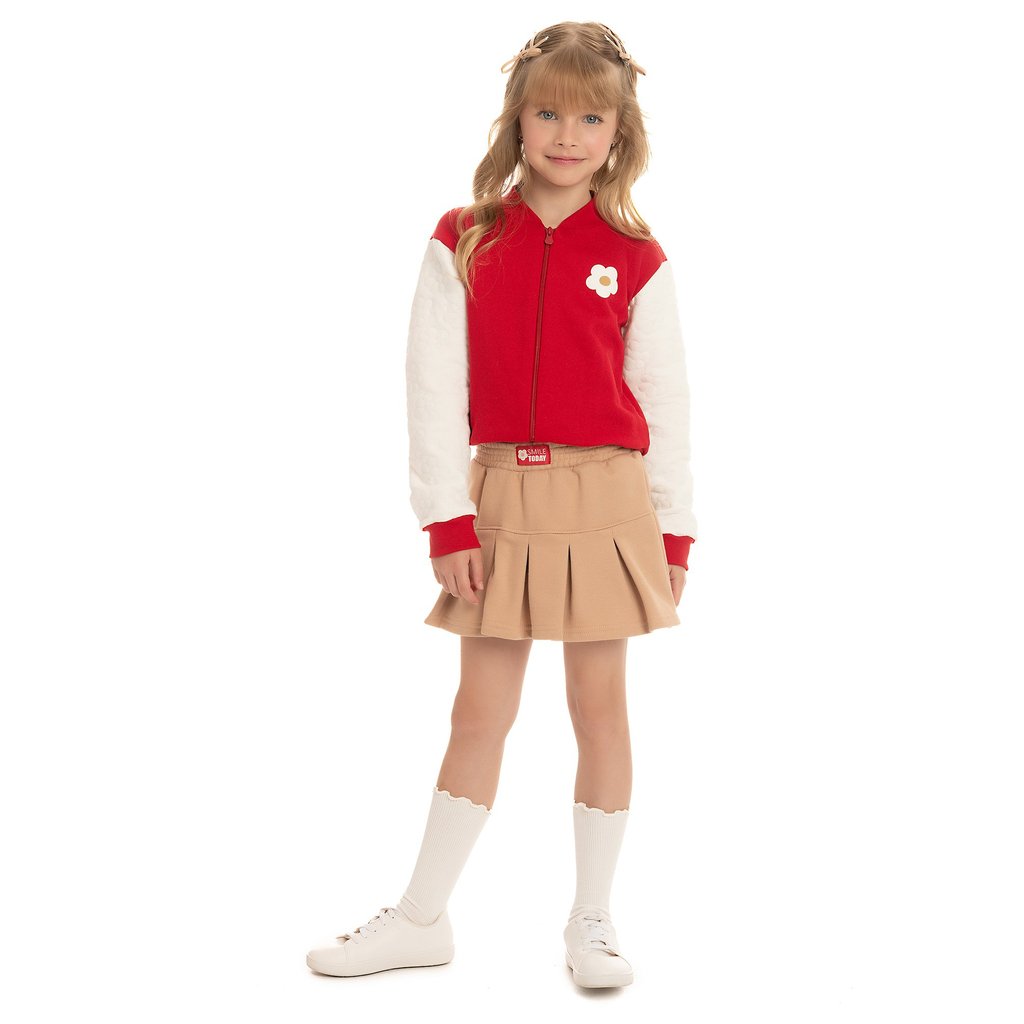 Conjunto Infantil Jaqueta em Moletom Vermelho Manga Longa Off Matelassê Flor Com Shorts Saia plissado