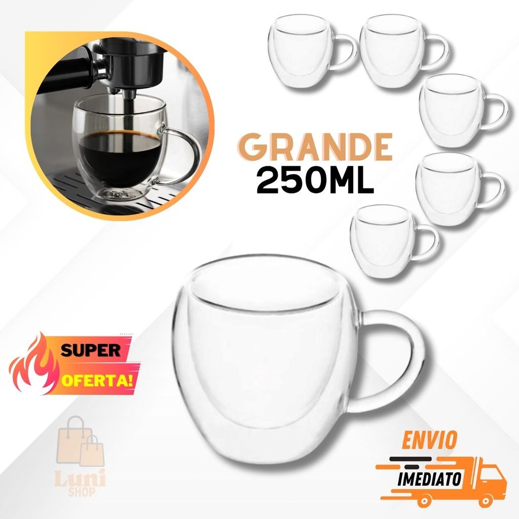 Jogo de 2,4 e 6 Xicaras Vidro Duplo Caneca Parede Dupla 250ml para Cafe Chá Dolce Gusto Capuccino Suco Água Fundo Duplo