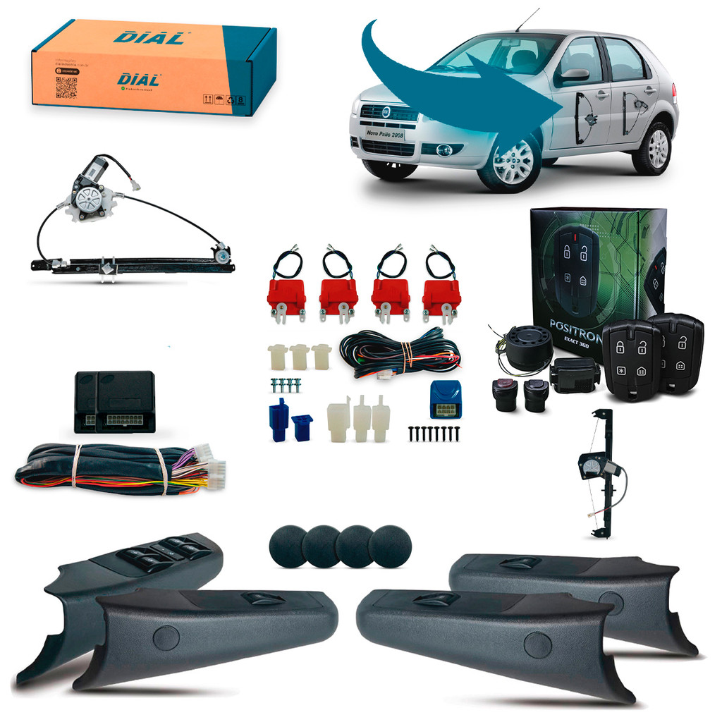 Kit Vidro Eletrico, Trava e Alarme Positron Novo Palio 4 Portas Completo Ate 2011 Inteligente