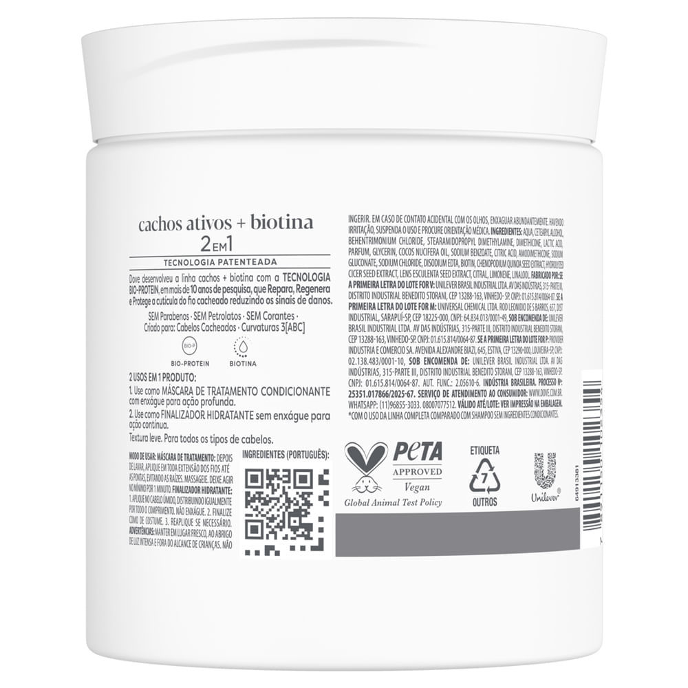 Detalhes do Máscara Tratamento e Finalização 2 em 1 Dove Cachos Ativos e Biotina Expert em Danos 500g