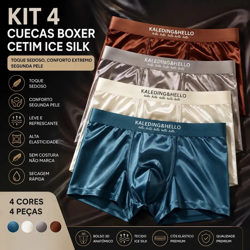 Kit 4 Cuecas Cetim Boxer Masculina Sofisticada Toque Sedoso sem marcação segunda pele esportes leves executiva premium