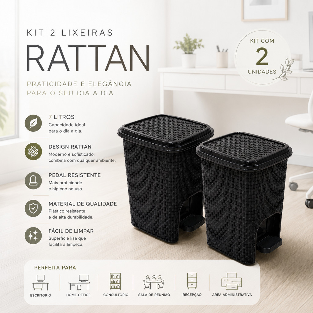 Kit Lixeira Rattan Preta 7 Litros Pedal Tampa Escritório Cozinha Banheiro