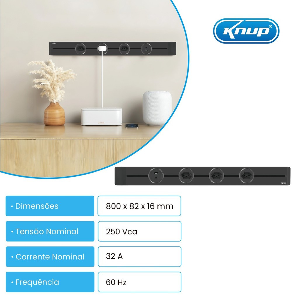 Trilho Eletrificado Tomada Sobrepor 32A Com USB Type-C Bivolt Alumínio
