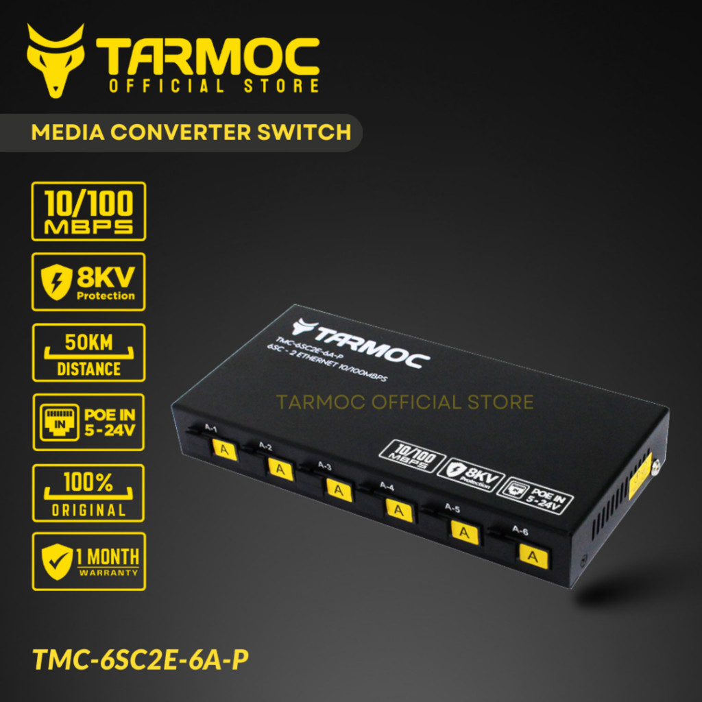 Tarmoc TMC-6SC2E-6A-P Conversor de Mídia Fibra Óptica Switch 6 SC 2 LAN / 6 FO 2 LAN 10/100 POE IN 5-24 Volts