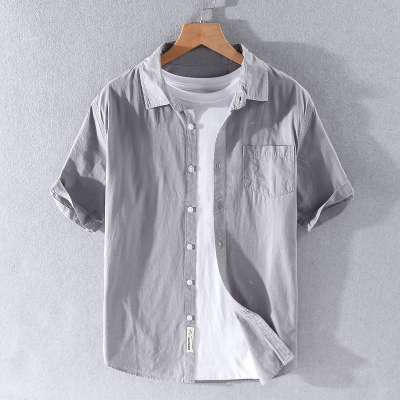 Camisa de verão masculina de manga curta algodão Ultra-fino solto japonês Casual All-Match cor sólida camisa de alta qua