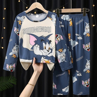 Pijama infantil para meninos, modelo fino de outono, roupa de casa com estampa de desenho animado, conjunto de calça com
