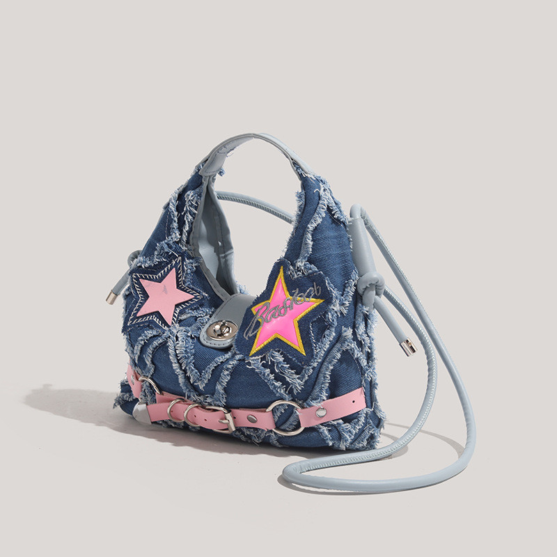 Nicho feminino saco High-End textura portátil crescente saco All-Match moda Denim saco do mensageiro estrela de cinco po