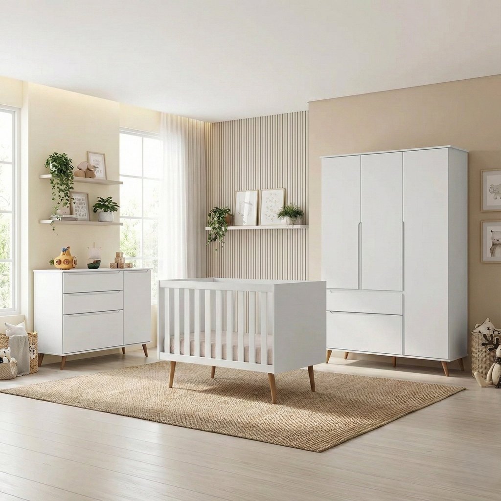 Quarto de Bebê Completo 3 Peças Berço Minicama 2 em 1, Cômoda e Guarda-Roupa Retrô 100% MDF Melinda Branco
