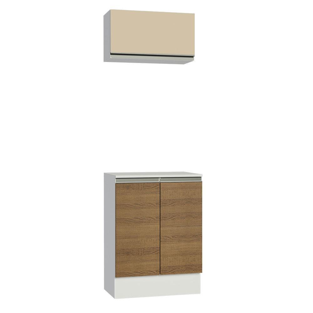 Kit Armário de Cozinha 60 cm 100% MDF 2 Portas e 1 Suspensa Com Tampo Branco/Rus