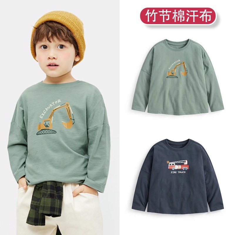 Estilo japonês crianças primavera outono estilo puro algodão manga comprida camiseta escavadeira menino bebê solto All-M