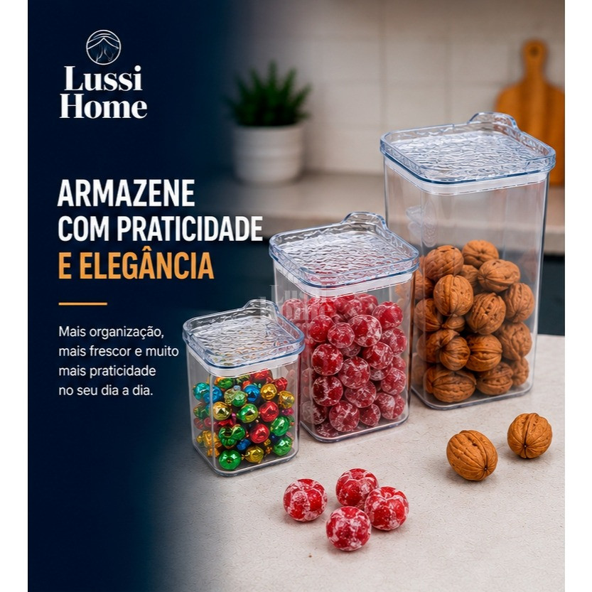 Kit 3 Potes Herméticos Quadrados Empilháveis Transparente Mantimentos Grãos Cozinha Organização