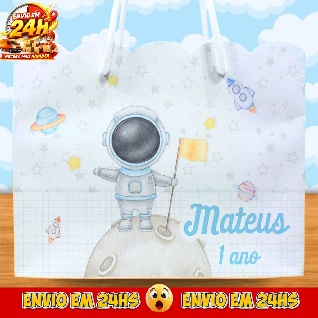 Sacolinhas Astronauta Cute Personalizadas - Lembrancinhas Astronauta baby menino com Nome e Idade