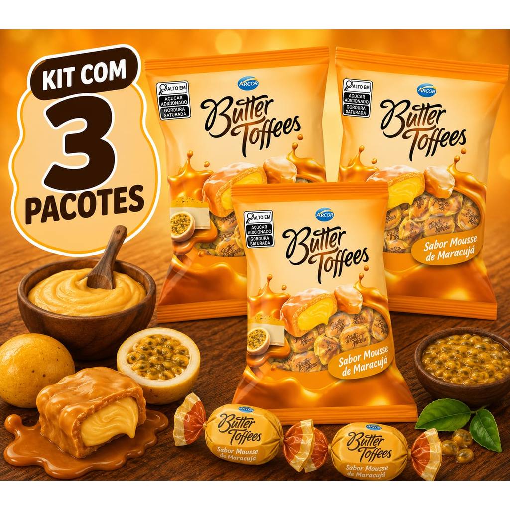 Kit Com 3 Balas Mastigável Butter Toffees Mousse de Maracujá Arcor 90g
