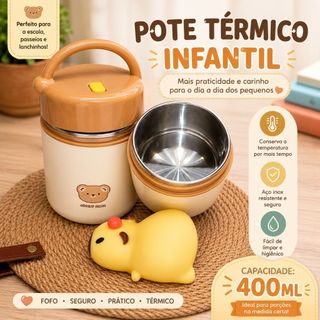 Pote Térmico 400ml Inox 304 Antivazamento com Alça Marrom Bege Aleatório para Bebê e Adulto