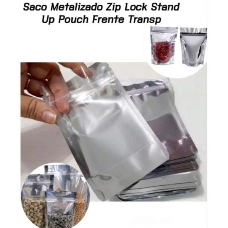 Kit Com10/20/50 Unidades Saco Saquinho ZIP Metalizado Hermético C/Visor Para Alimentos Lembrancinha de Festa — imagem 2 de 2