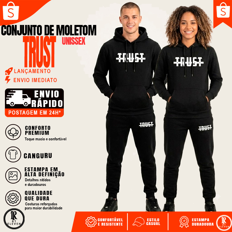 Conjunto Moletom trust Confia casaco Blusa De Frio + Calça linha premium moleton canguru com bolso e capuz
