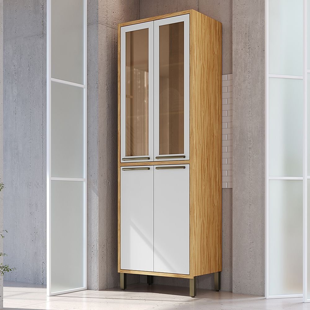 Paneleiro Duplo com 4 Portas e Vidro Reflecta 100% MDF Vicenza Espresso Móveis Branco/Amêndoa Amêndoa/Branco