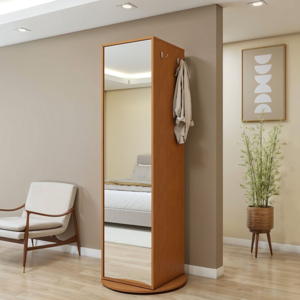 Sapateira Giratória com Porta de Espelho para 11 a 20 Pares Esthela Marrom/Amêndoa Clean Amêndoa Clean