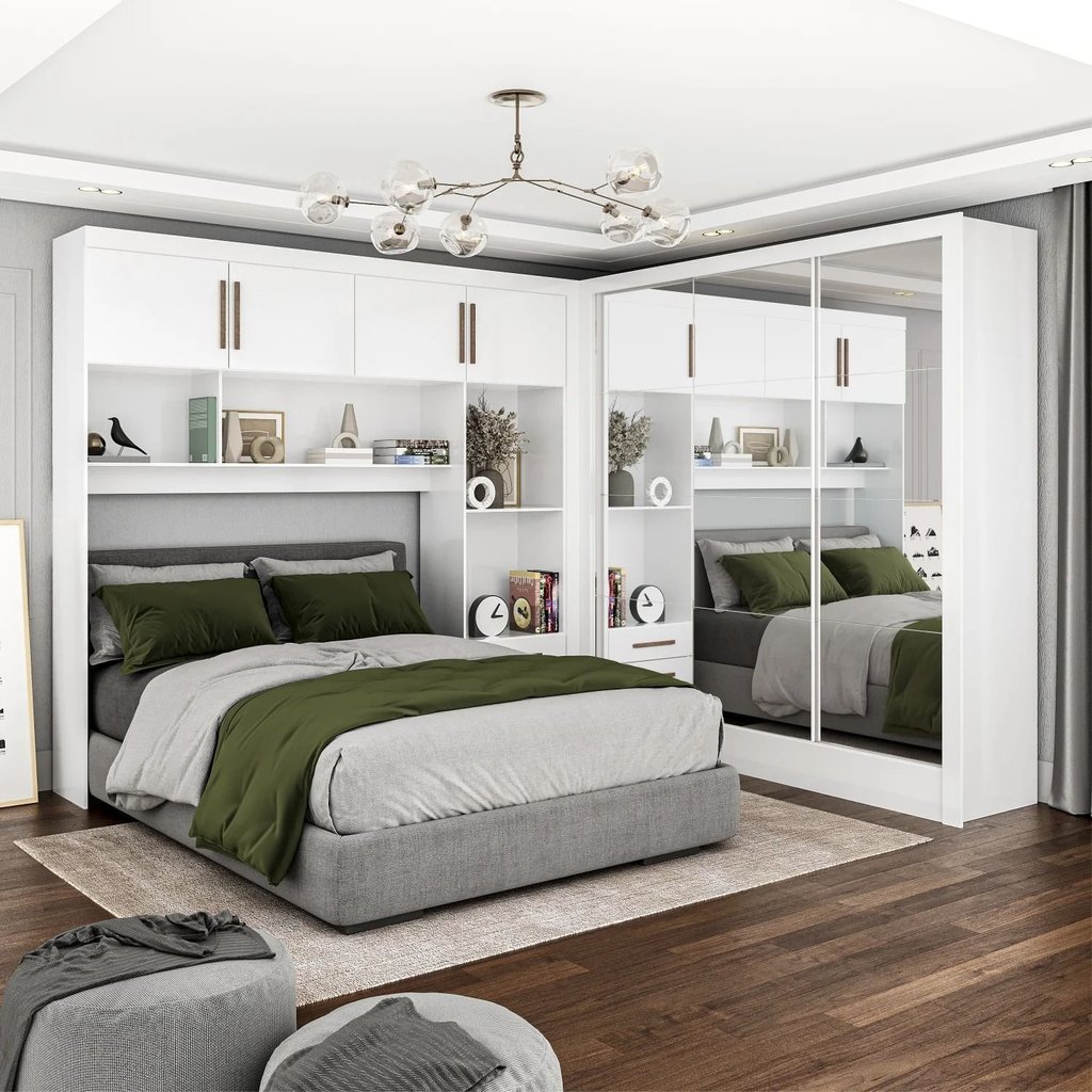 Guarda-Roupa Casal Modulado 4 Portas Santiago 3 Portas Premium 5 Gaveta com Espelho Branco Branco