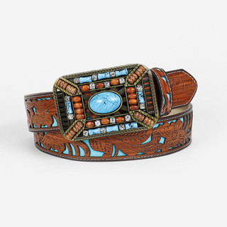 Cinto Feminino Estilo Country com Fivela de Couro Azul Turquesa JJLV U8GC