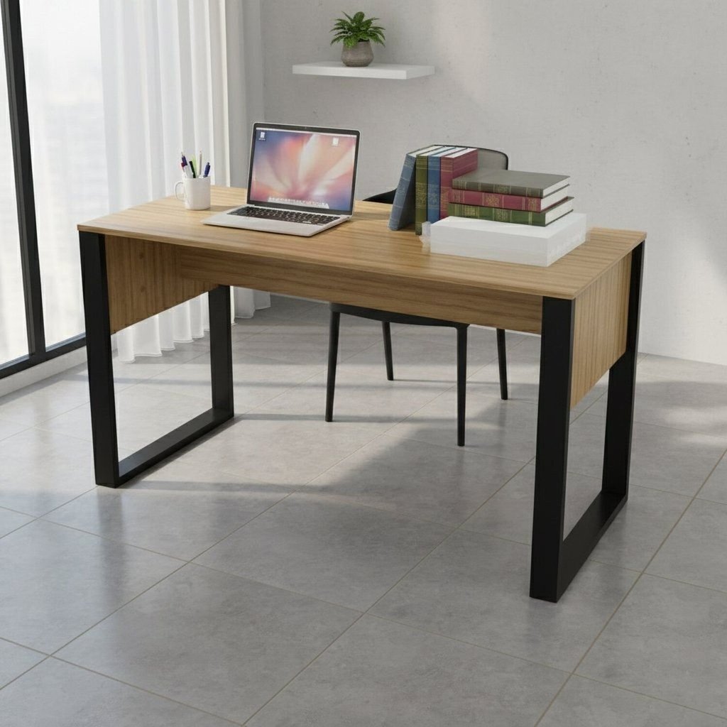 Escrivaninha Mesa para Escritório ME4200 136cm Amêndoa e Preto Marrom Amêndoa/Preto