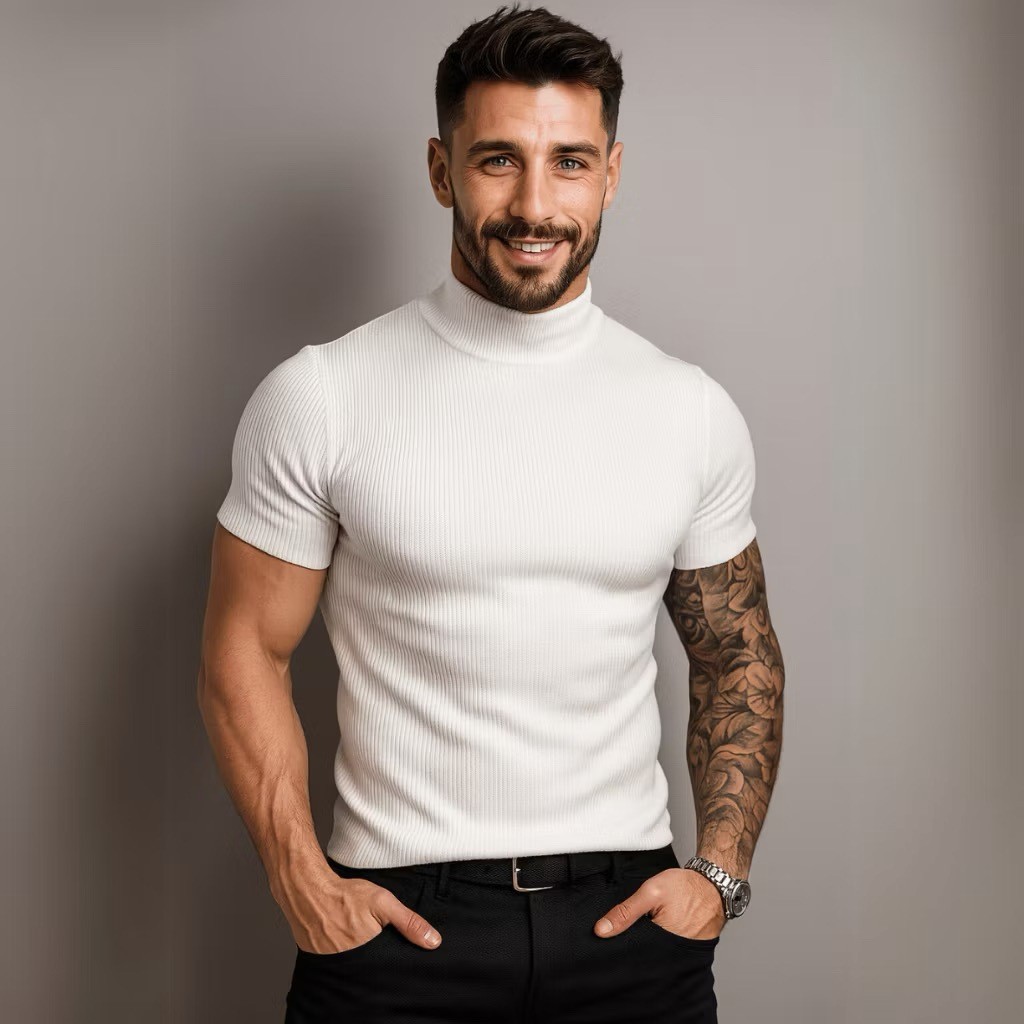 Combo Com 2 Camisa Gola Alta Canelada Masculina Slim Old Money