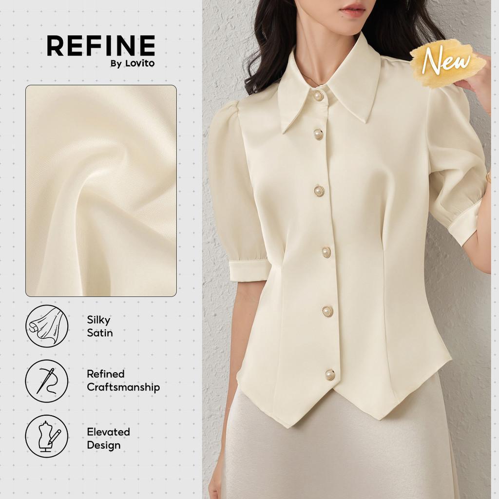 (New Arrival) (Refine by Lovito) Blusa Social Cetim Sedoso Plissado Delicado Cor