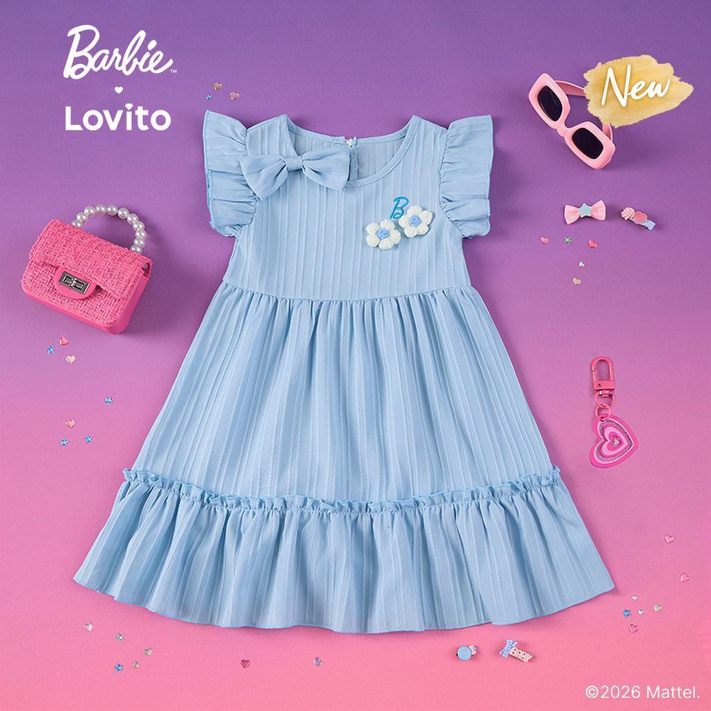 (New Arrival) Barbie™ X Lovito Kids Vestido Azul Menina Flare até Joelho Babado