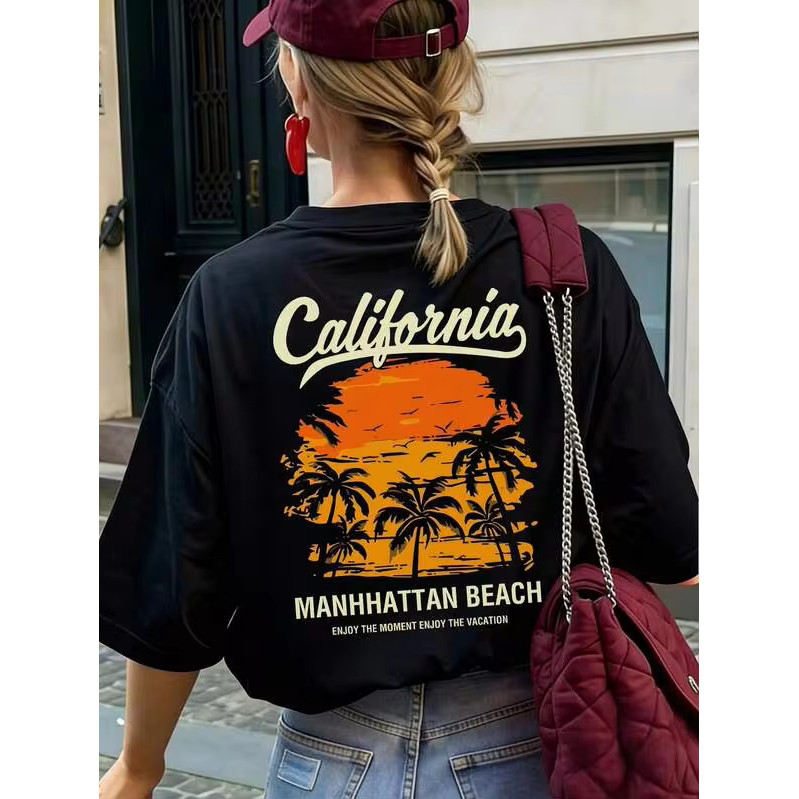 Camiseta Feminina Estampa Paisagem Tropical California Manhattan Beach Linda Confortável Moderna Moda Feminina Casual