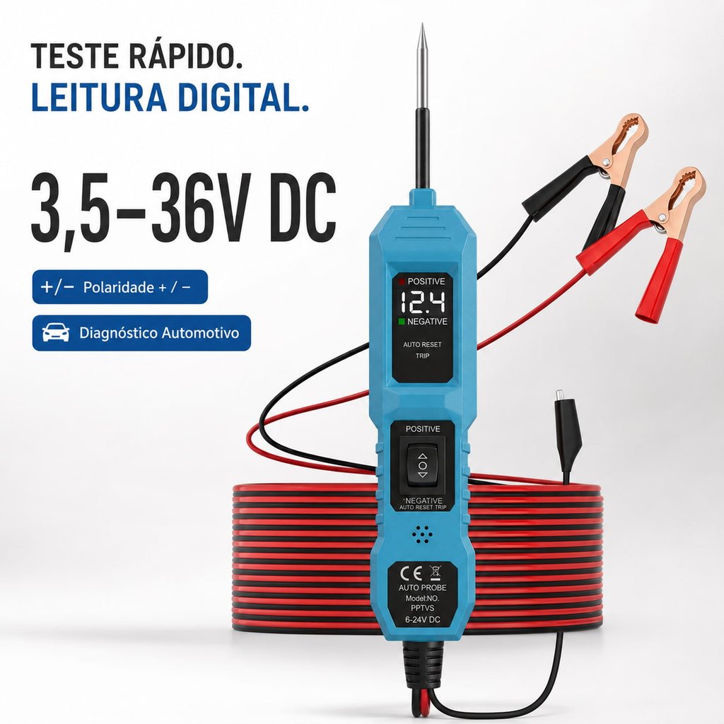Caneta Teste Elétrico Automotivo 9 em 1 LCD 3,5-36V Cabo 4,5m para Carro Moto 12V 24V