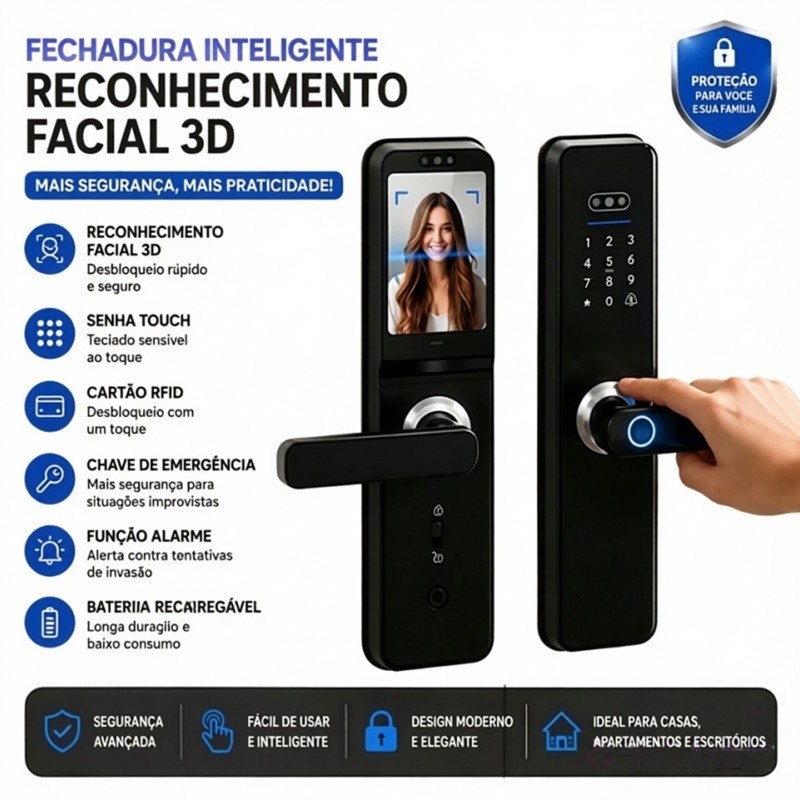 Fechadura Digital Inteligente com Câmera Reconhecimento Facial 3D, Câmera, Biometria, Anti-furto para Casa  voltikk