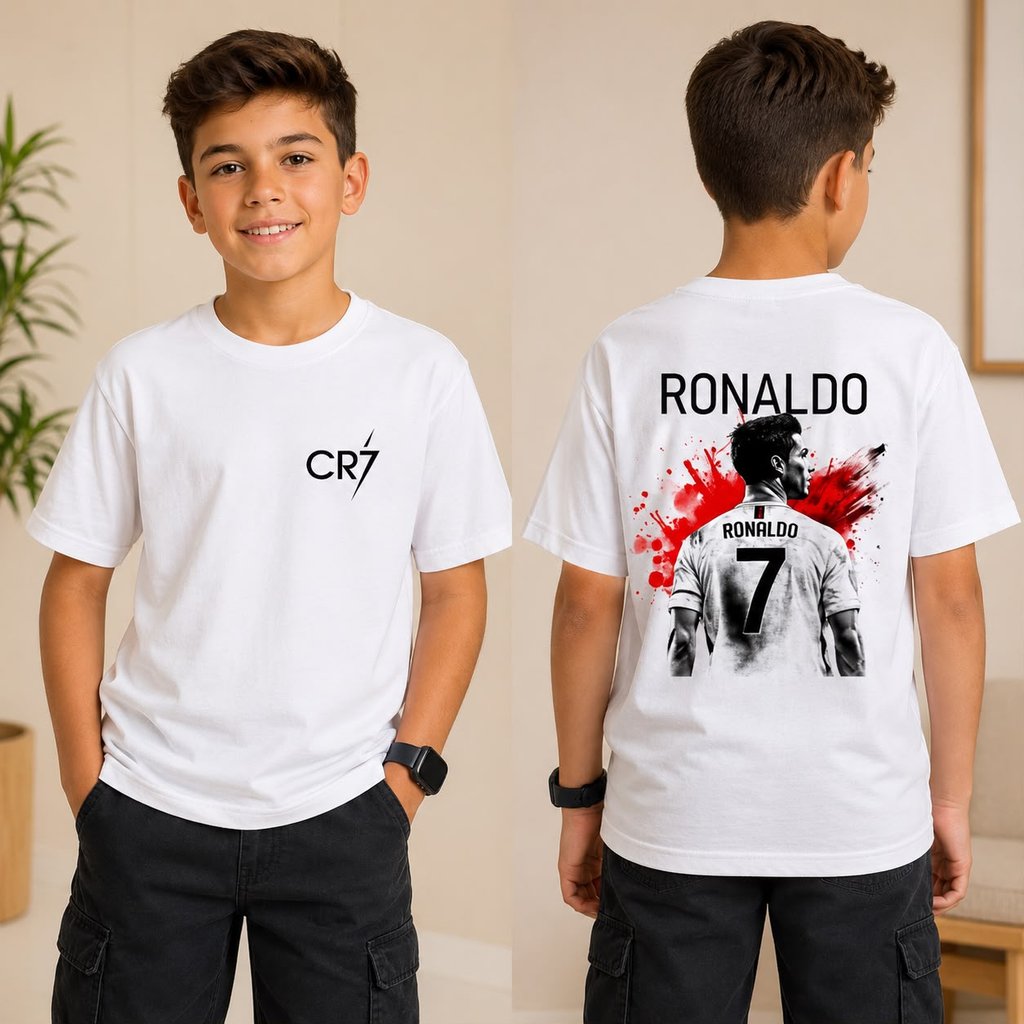 Camiseta Infantil CR7 Futebol Menino Blusa Estampada Manga Curta Casual Confortável