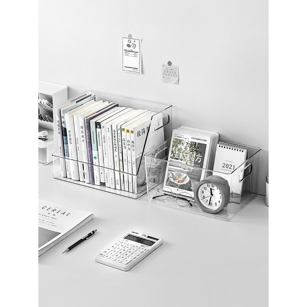 Caixa de armazenamento de mesa acrílica transparente dormitório mesa papelaria livro prateleira grande capacidade cesta 