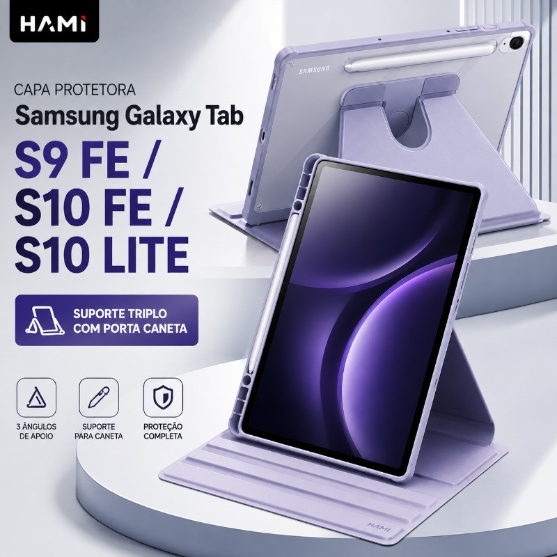 Capa Giratória 360° Samsung Tab S9 FE / S10 FE / S10 Lite, Porta-Caneta e Auto Wake/Sleep