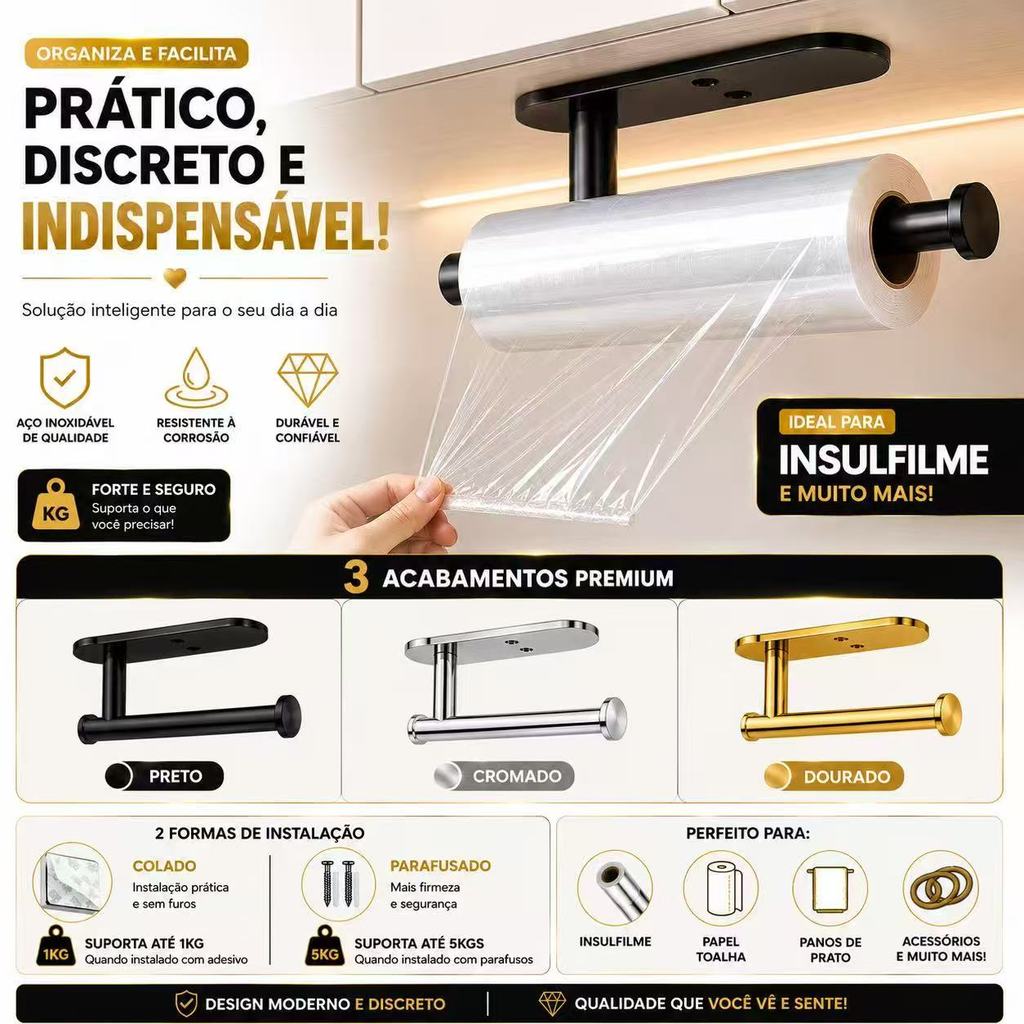 Suporte Organizador Para Cozinha Porta Papel Toalha Higiênico Filme Plástico Pano Elásticos Multiuso ES