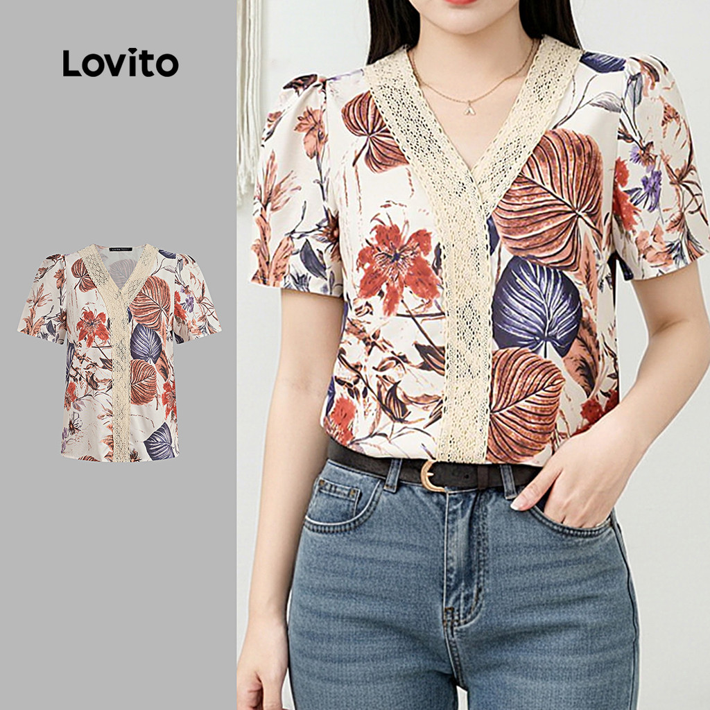 Lovito Boho Blusa Estilo Nacional Gola com Babados Blusa de Primavera/verão para mulheres LK7ED383