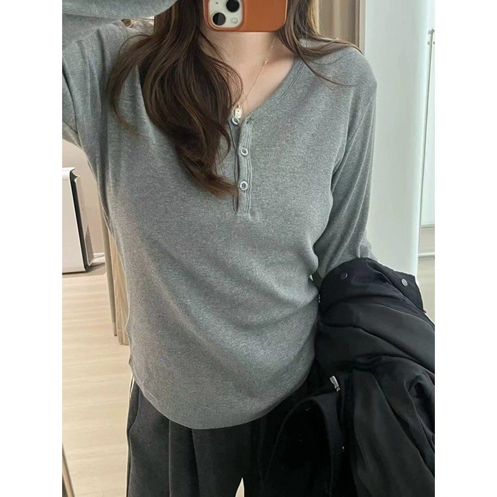 Irregular cinza com decote em v manga comprida camiseta feminina outono estilo ocidental camisa de fundo interno tamanho