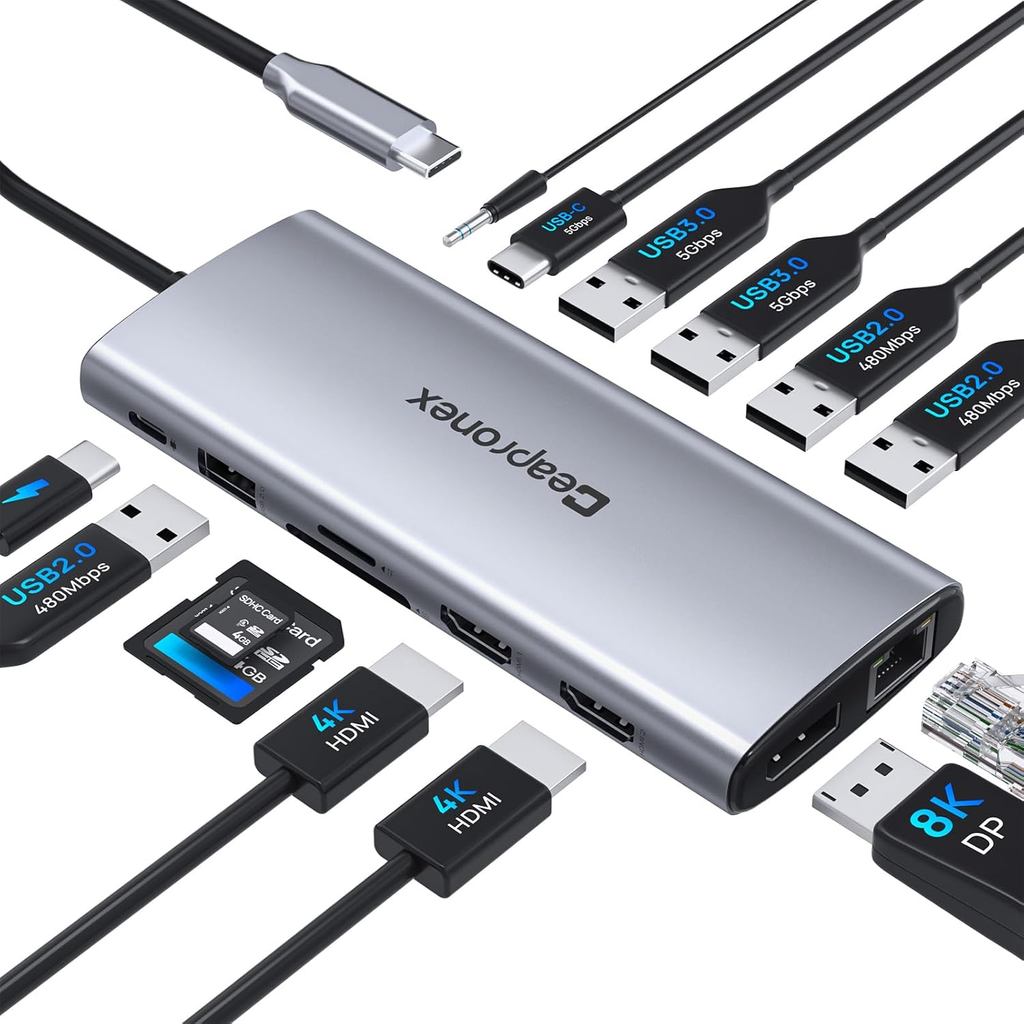 Estação de Acoplamento USB C 14 em 1 com 2 HDMI 4K + DP 8K, Suporte para 3 Monit