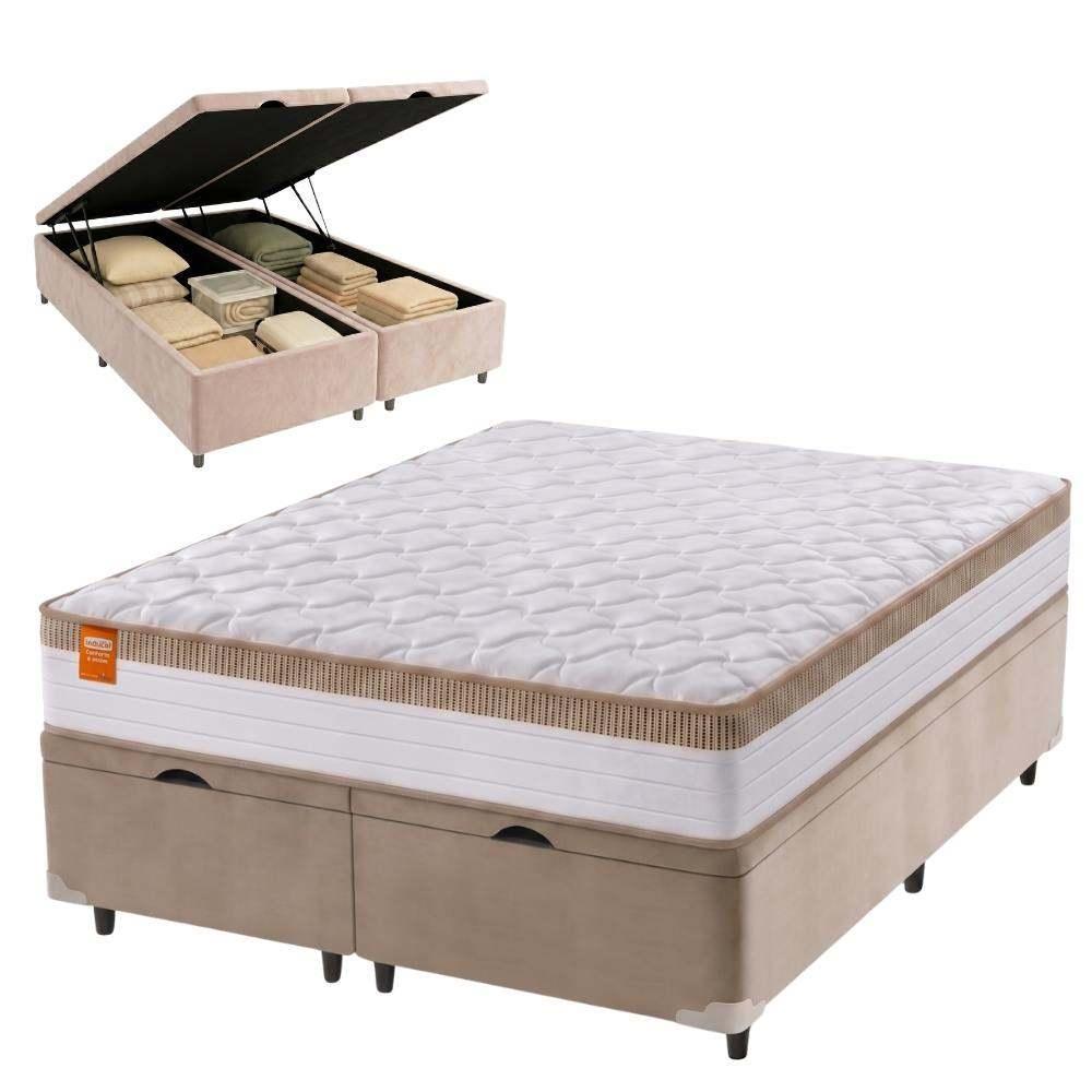 Cama Box Baú Casal Queen Colchão Molas Ensacadas Real 158x198x68cm Branco / Bege - Suporta até 130Kg