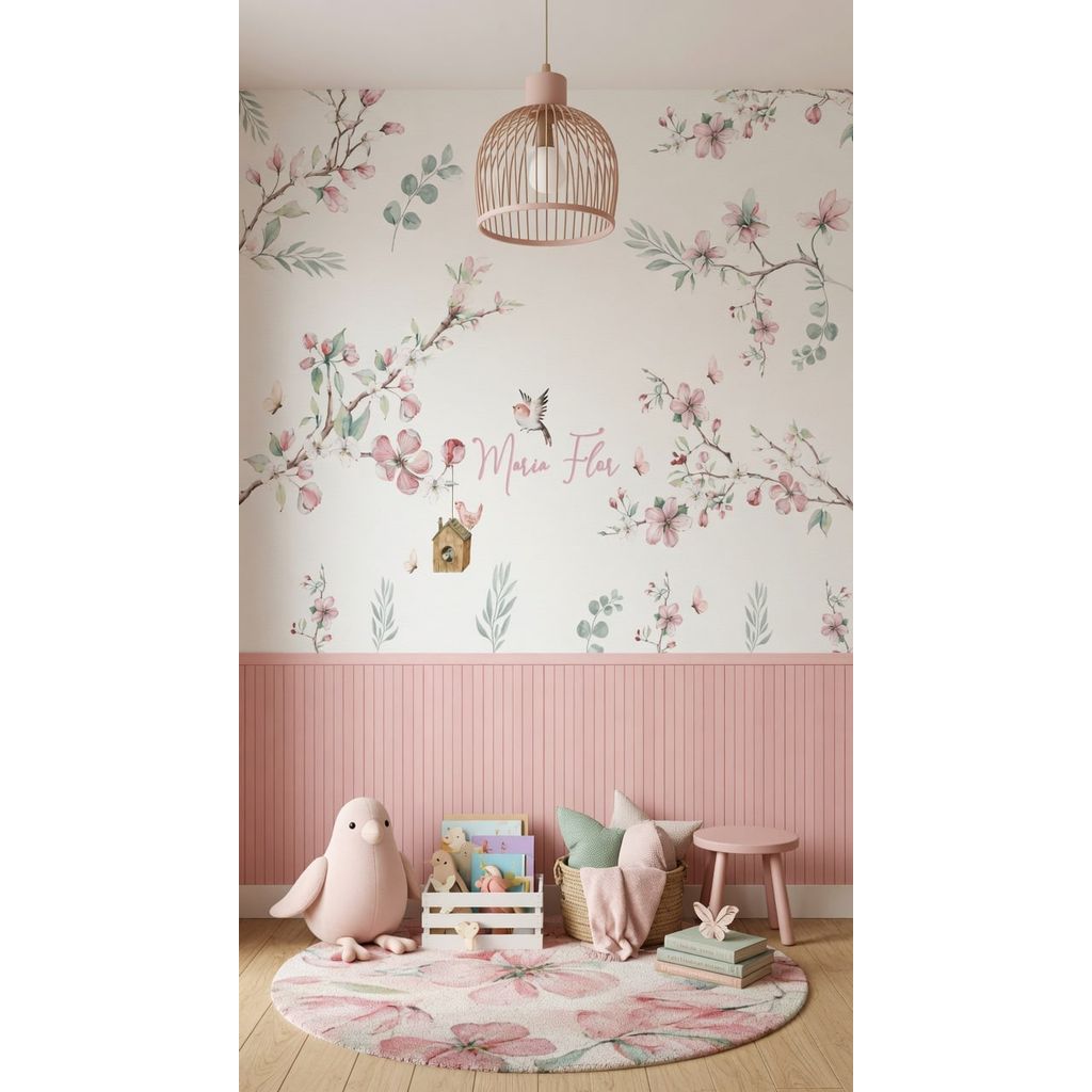 Papel de Parede ramas de flores encantado com passarinho aquarela