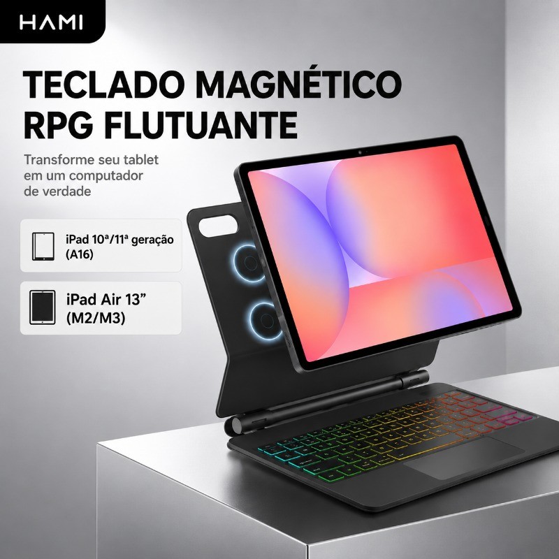 Teclado Magnético com Capa para iPad 10/11 A16 e Air 13” M2/M3 RGB com Touchpad
