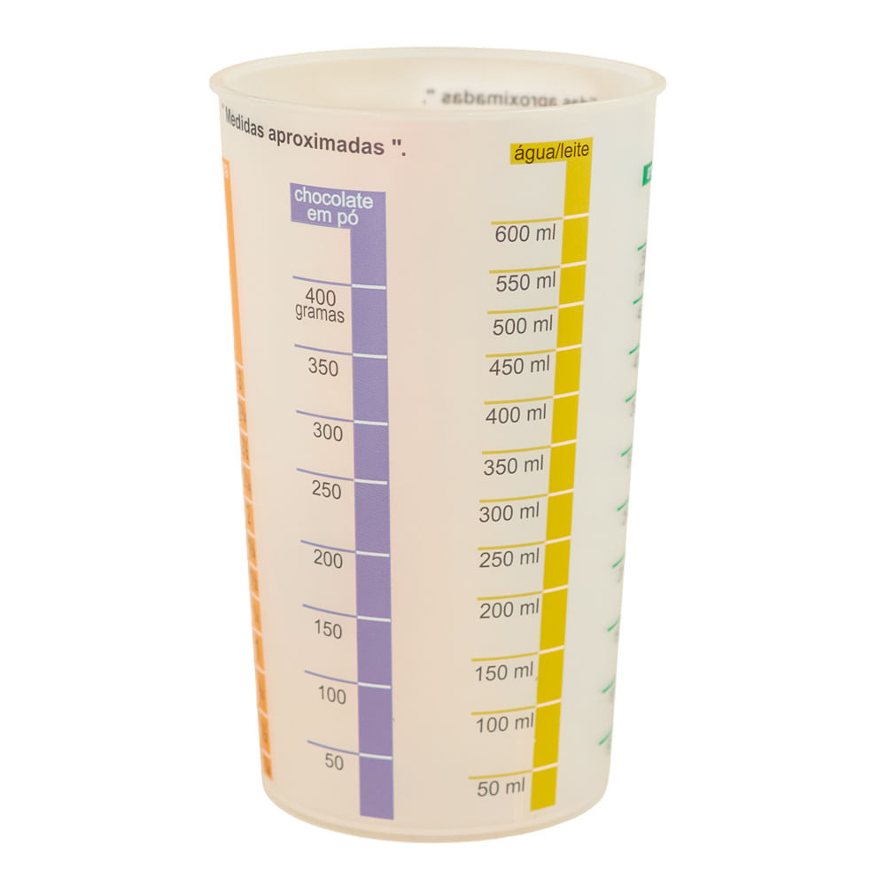 Copo medidor de plástico transparente da marca São Bernardo com capacidade de 600ml, exibindo escalas graduadas coloridas para água, leite e chocolate em pó.