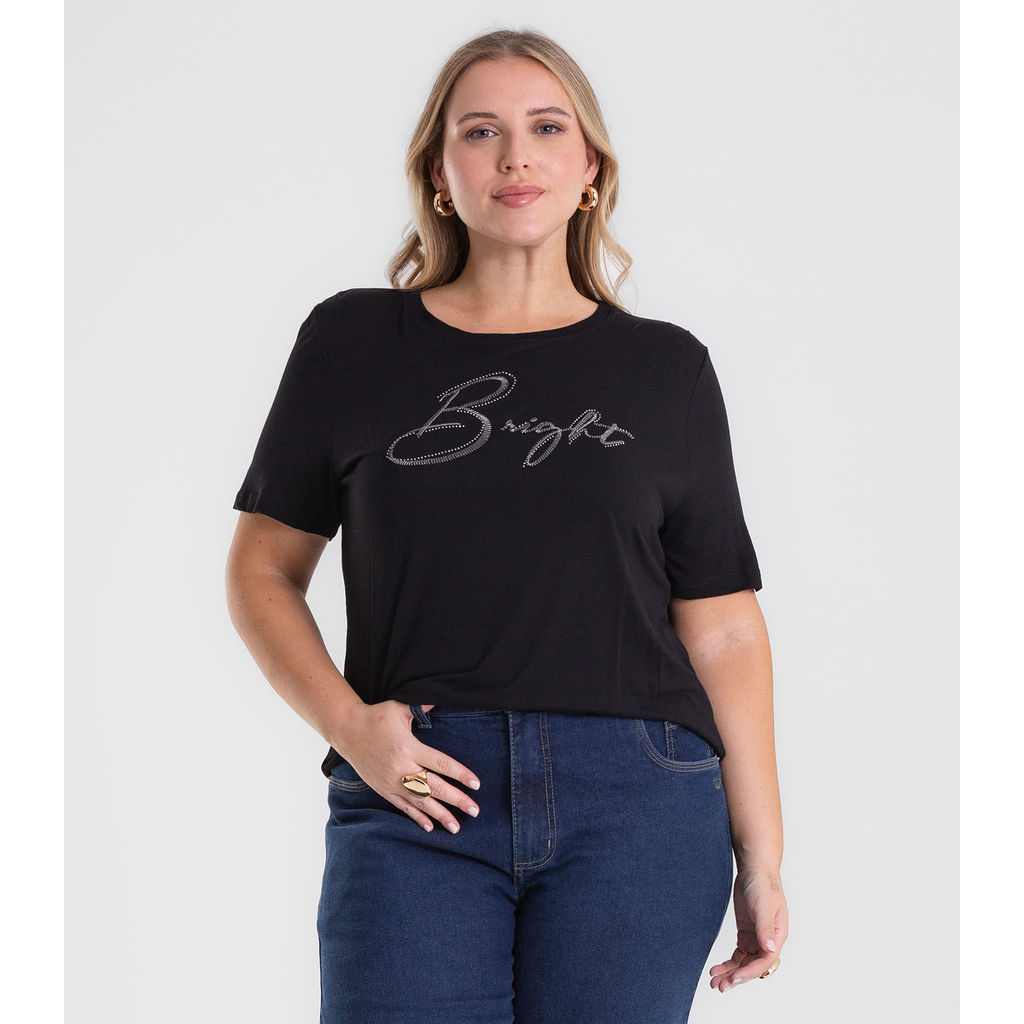 Camiseta Feminina Bordado Plus Size Secret Glam Preto