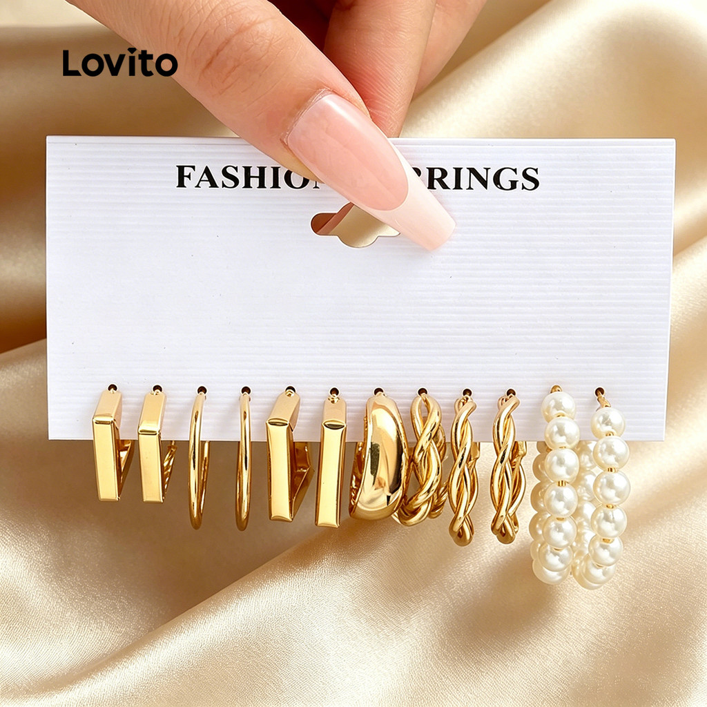 (New Arrival) Lovito Brincos Casuais De Pérolas Estilo Coreano LFA120012