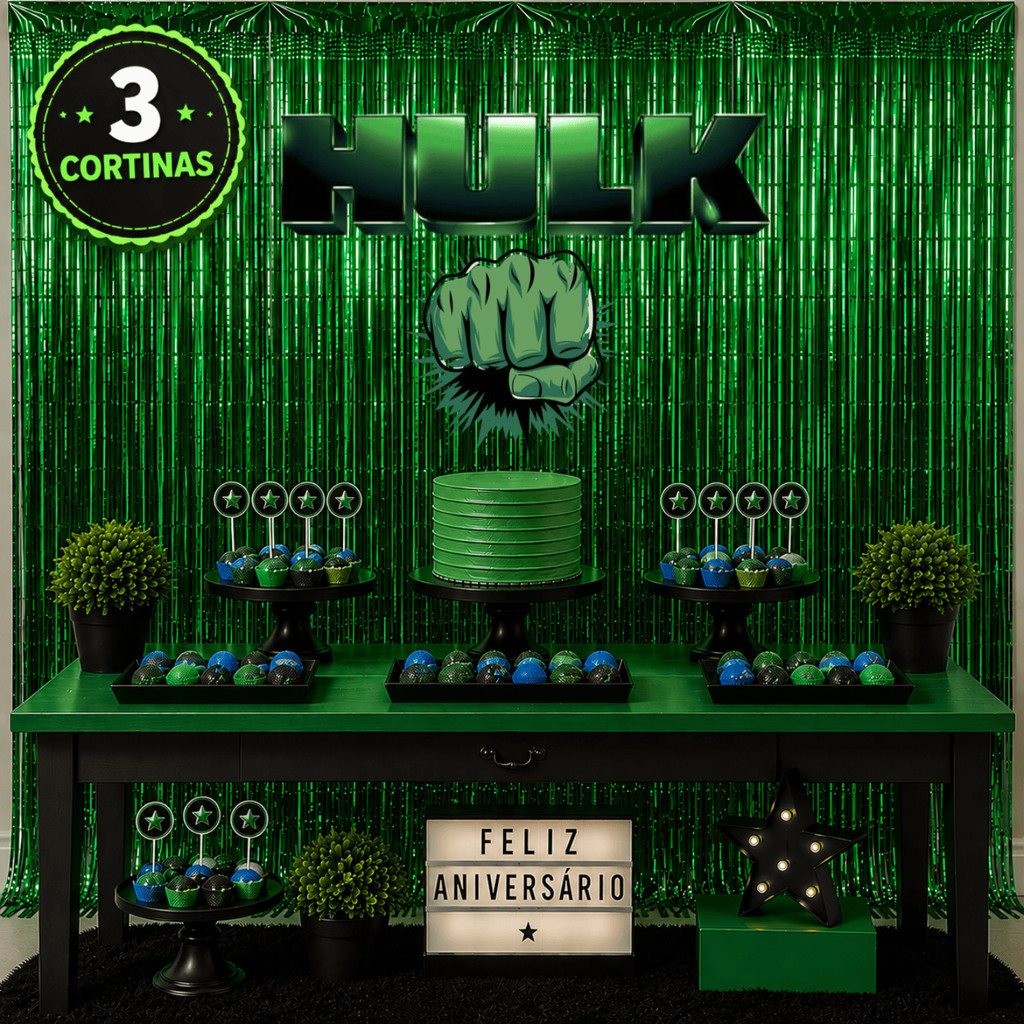 Kit 3 Cortinas Metalizadas Vermelhas Hulk Festa Infantil Super Heróis Aniversário Decoração