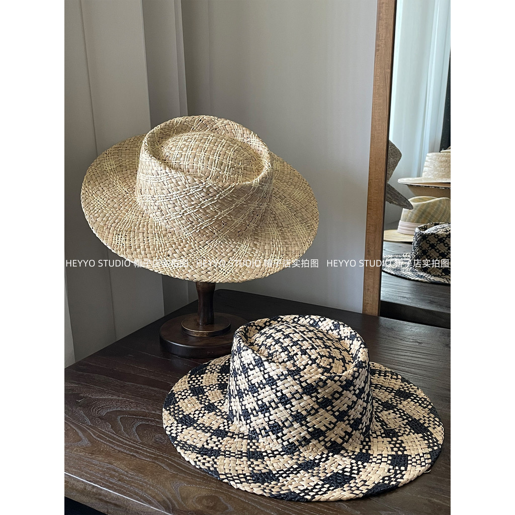Francês Retro diamante padrão cor combinando chapéu de palha feminino verão beira-mar férias estilo viagem chapéu de sol