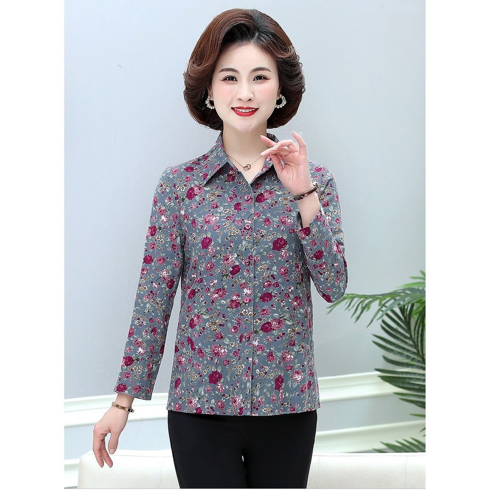 Camisa feminina de meia-idade primavera outono de manga comprida estilo ocidental cor Top roupas de meia-idade mãe idosa
